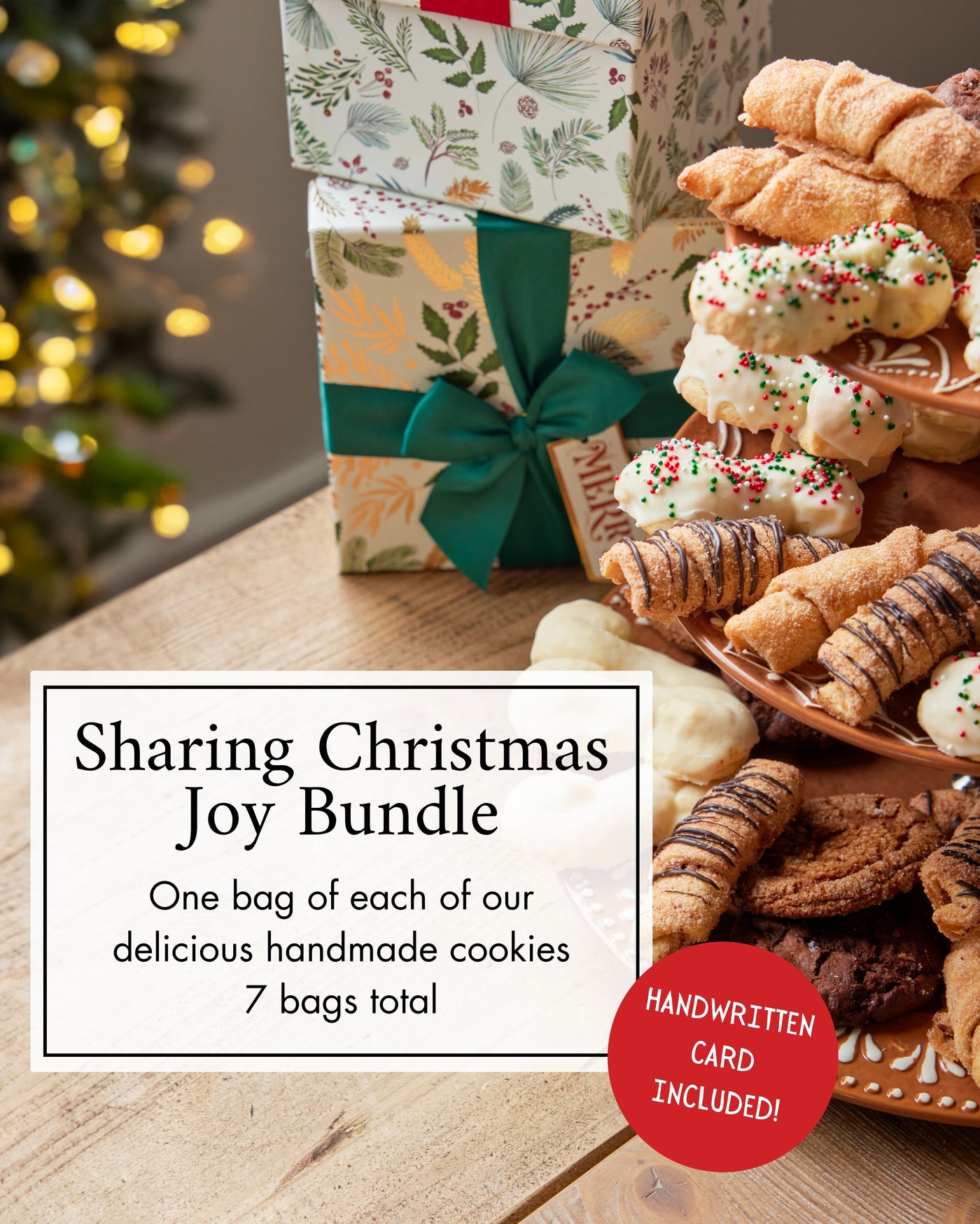 The image depicts a festive scene with a table full of various cookies, including chocolate butterhorns and vanilla sprinkle cookies, butterhorns, and lemon s-cookies. There is a beautifully wrapped gift with a Christmas card, and a handwritten sign that reads 'Sharing Christmas Joy Bundle'. The perfect gift for everyone this Christmas and especially those looking for nostalgia and handmade Italian Cookies